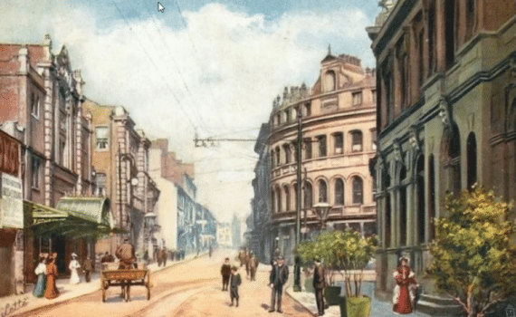 Drawings of several old buildings with people in the foreground